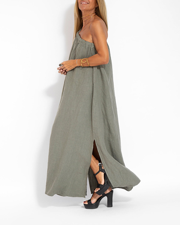 Elegant Solid Sloping Shoulders Cotton Linen Sleeveless Long Dress