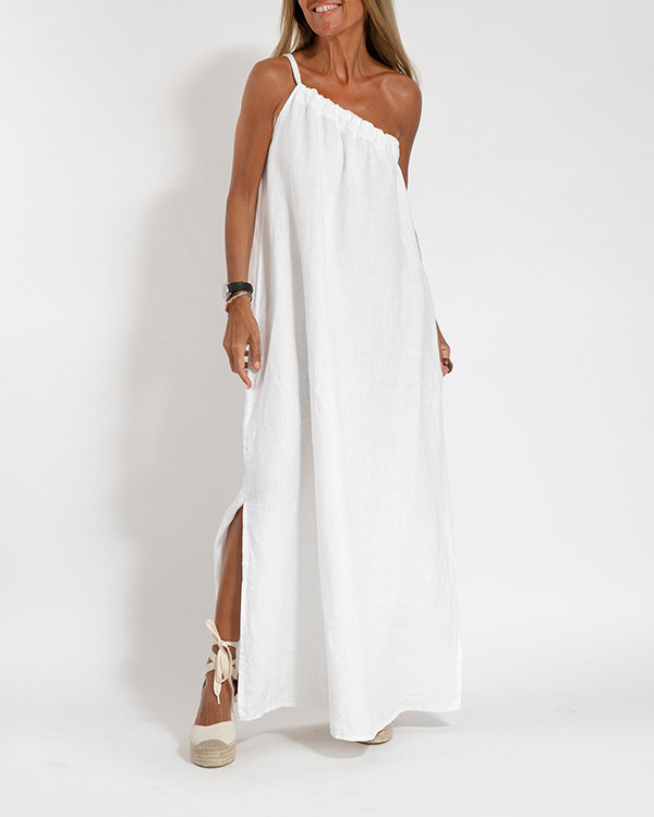 Elegant Solid Sloping Shoulders Cotton Linen Sleeveless Long Dress
