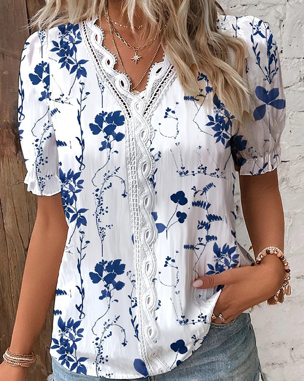 Women's Printed V-neck Lace Stitching Short-sleeved T-shirt