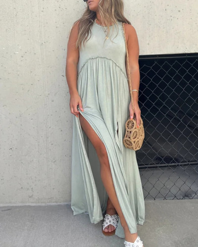 Women's Slit Round Neck Casual Simple Loose Maxi Long Dress