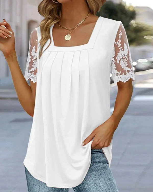 Women's White Lace Stitching Short-sleeved T-shirt Casual Top