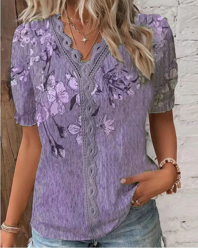 Women's Casual Printed V-neck Lace Stitching Short-sleeved T-shirt