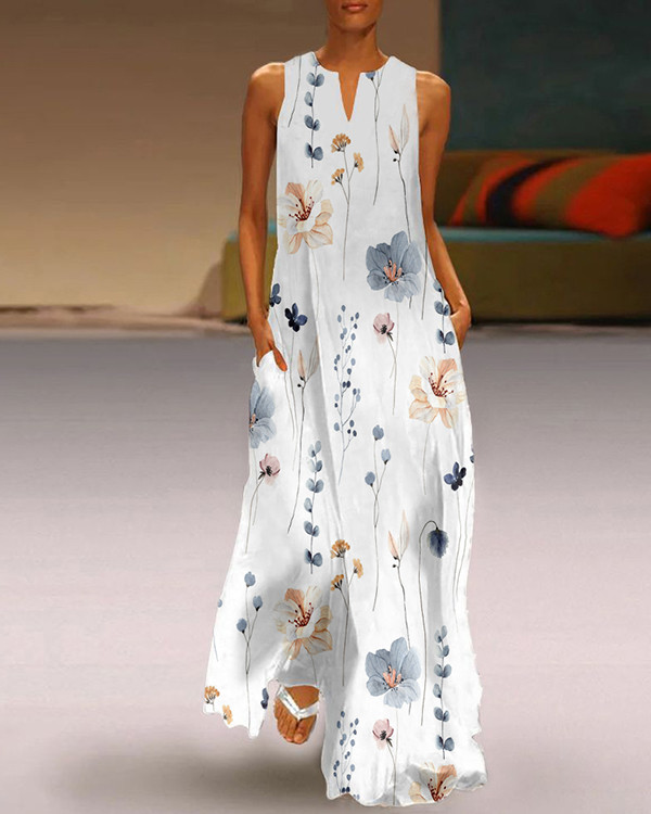Women's Floral Print V-neck Sleeveless Casual Loose Long Dress