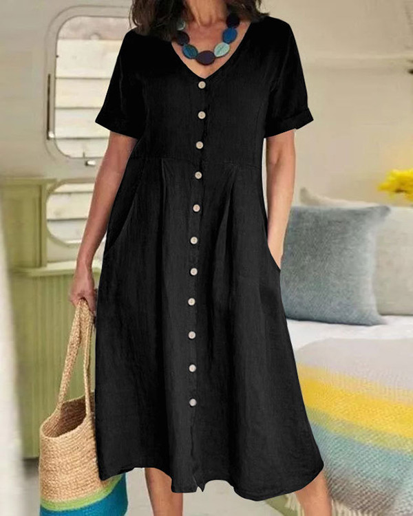 Women's Solid Color V-neck Short Sleeve Casual Dress