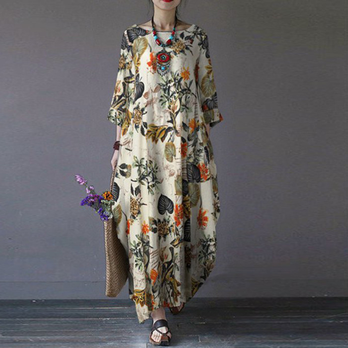 Vintage Floral Loose Crew Neck Maxi Dress