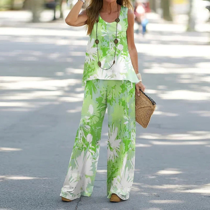 Relaxed Loose Sleeveless Floral Print Suit