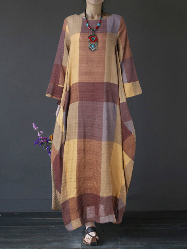 Vintage Check Loose Crew Neck Maxi Dress