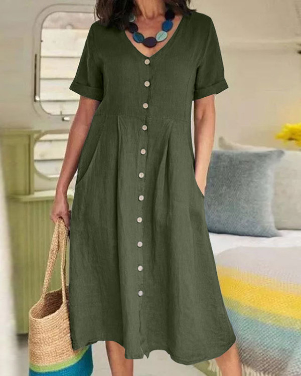 Women's Solid Color V-neck Short Sleeve Casual Dress