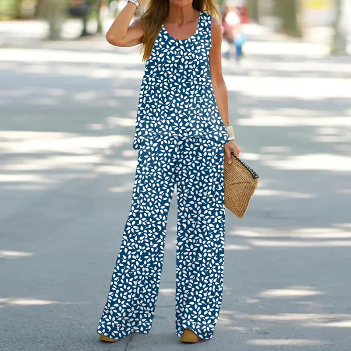 Relaxed Loose Sleeveless Floral Print Suit