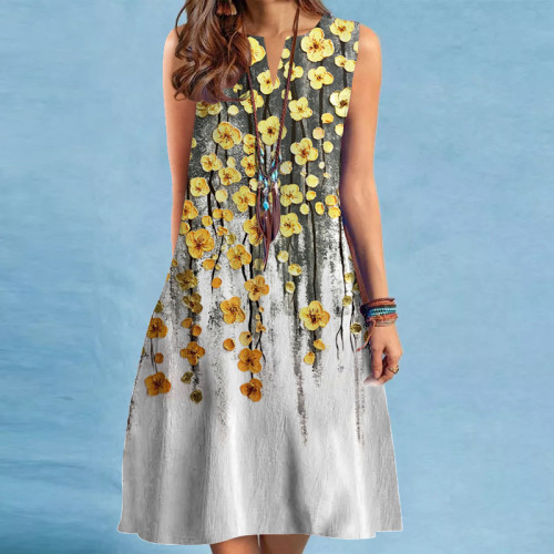 Women's V-neck Print  Loose Sleeveless Casual Dress