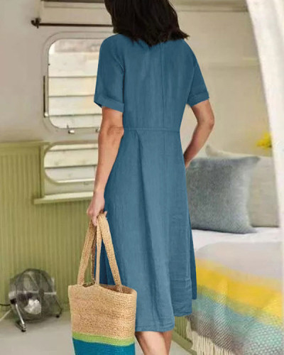 Women's Solid Color V-neck Short Sleeve Casual Dress