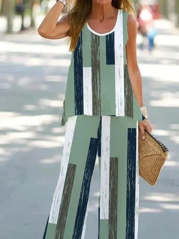 Loose Sleeveless Striped Print Suit