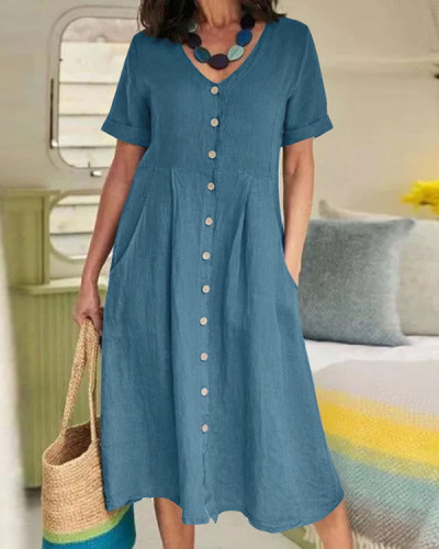 Women's Solid Color V-neck Short Sleeve Casual Dress