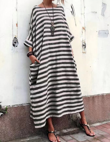 Casual Cotton Linen Stripe Loose Plus Size Long Dress