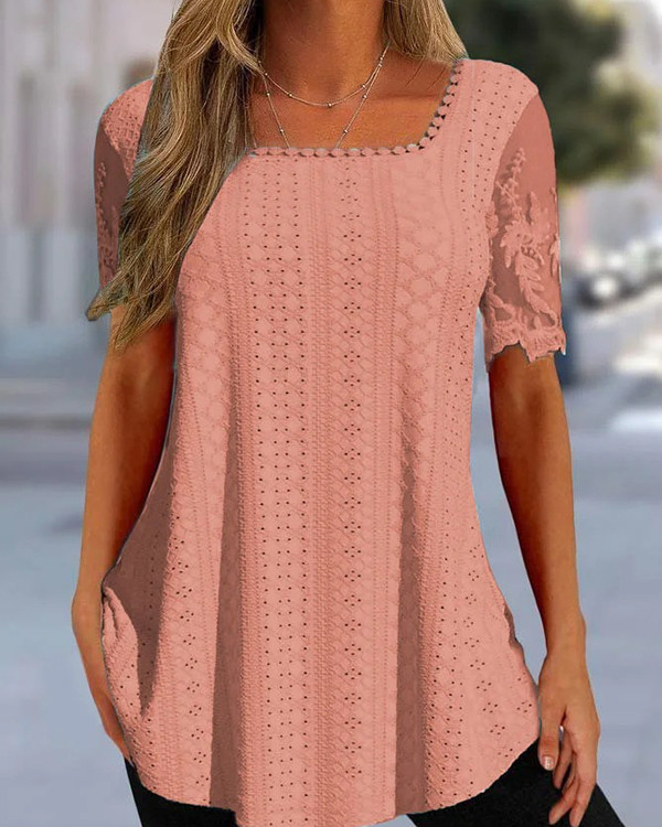 Women's Solid Lace Short-sleeved Hollow Out T-shirt Top