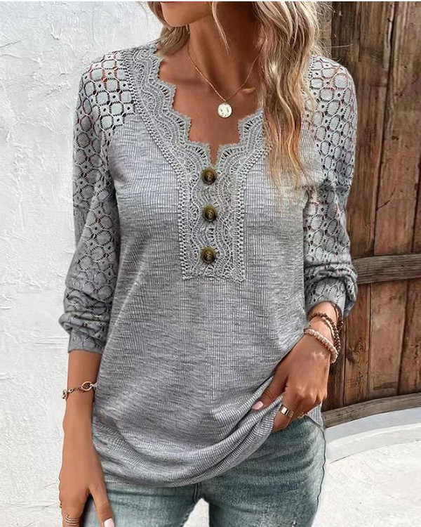 Women's Casual V-neck Lace Long Sleeve Top