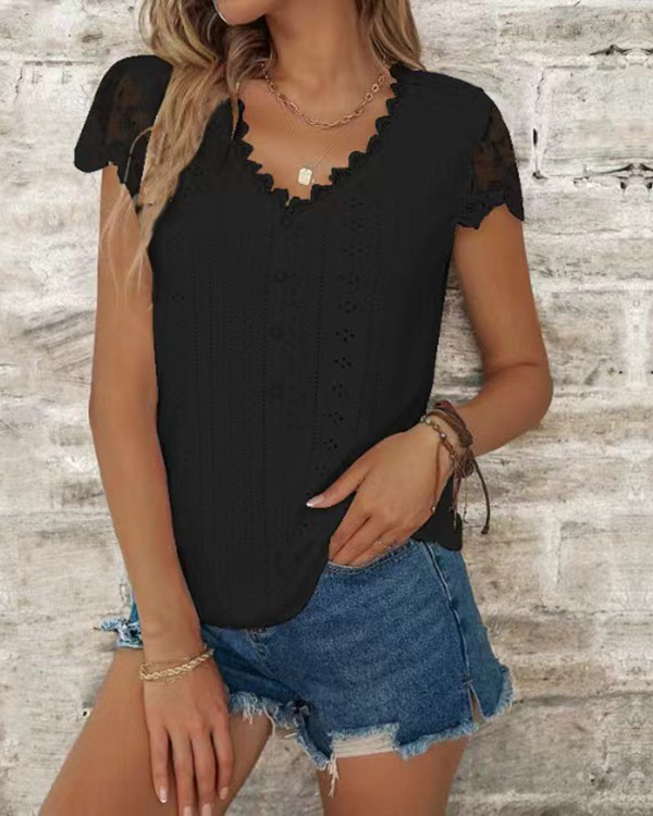 Women's Solid Lace Short-sleeved Hollow Out T-shirt Top