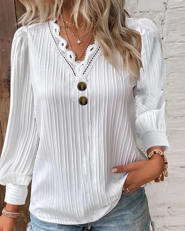 Women's Casual V-neck Lace Long Sleeve Shirts Top