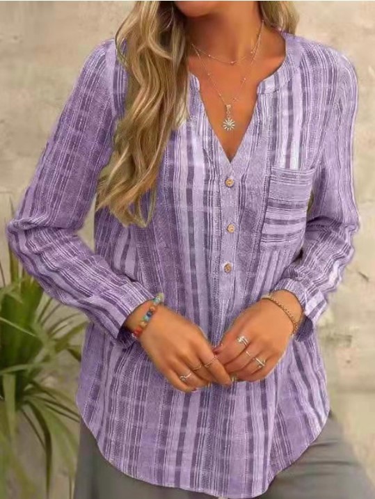 Casual Cotton and Linen Striped Loose V-neck Long-sleeved Top