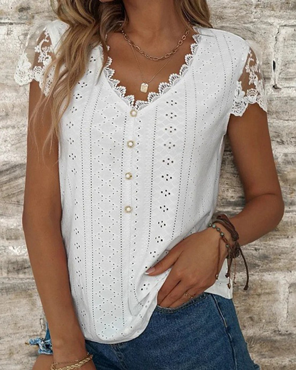 Women's Solid Lace Short-sleeved Hollow Out T-shirt Top