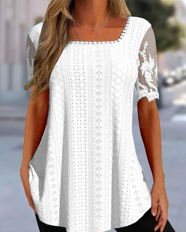 Women's Solid Lace Short-sleeved Hollow Out T-shirt Top