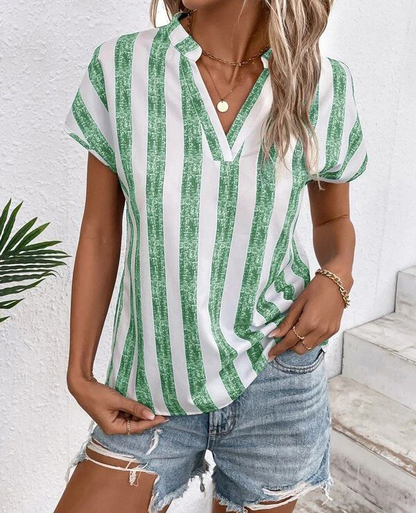 Casual Striped Short-sleeved V-neck Top