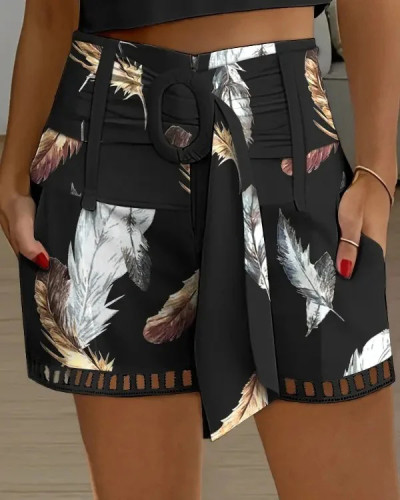 Women's Vintage Print Hollow Out Casual Shorts with Belts