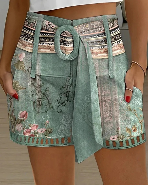 Women's Vintage Print Hollow Out Casual Shorts with Belts