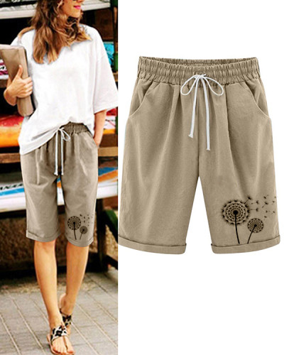 Women's Cotton and Linen Drawstring Retro Dandelion Print Shorts