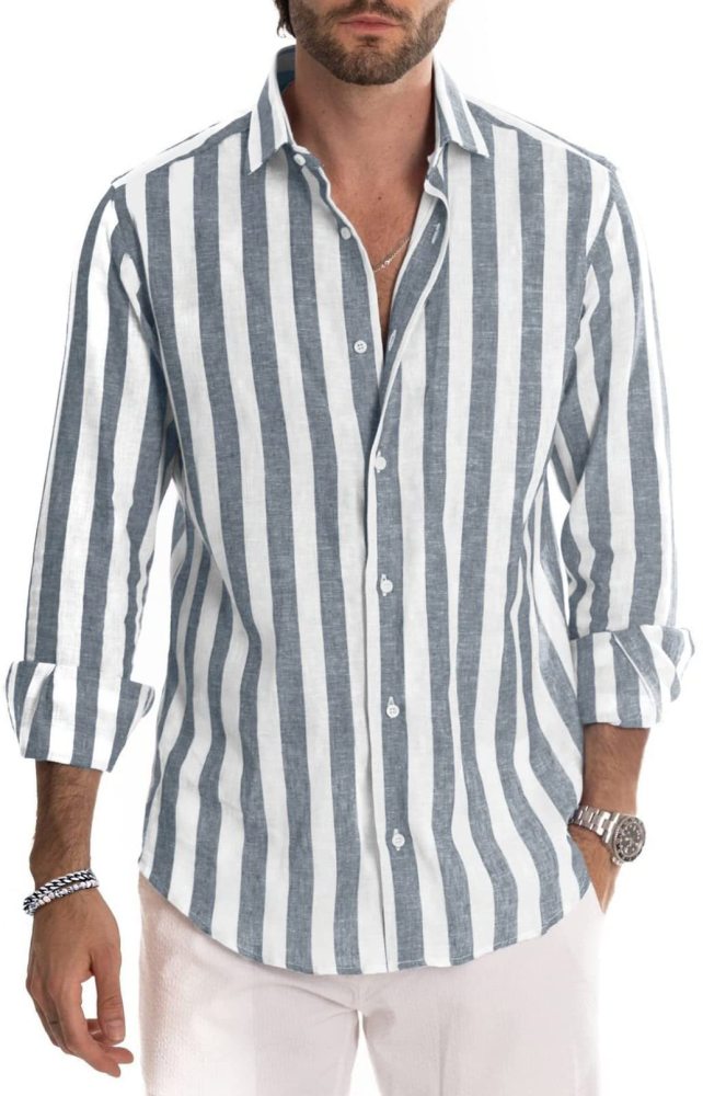 Men's Long Sleeve Lapel Striped Shirt