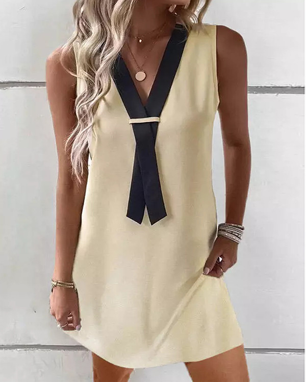 Women's V-neck Tie Solid Loose Sleeveless Casual Dress