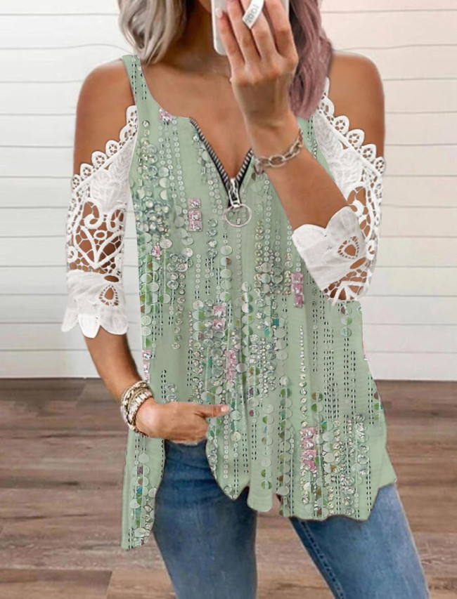 V-neck Lace-paneled Abstract-print Zip Top