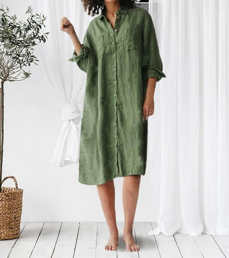 Casual Loose Solid Color Cotton Linen Shirt Dress