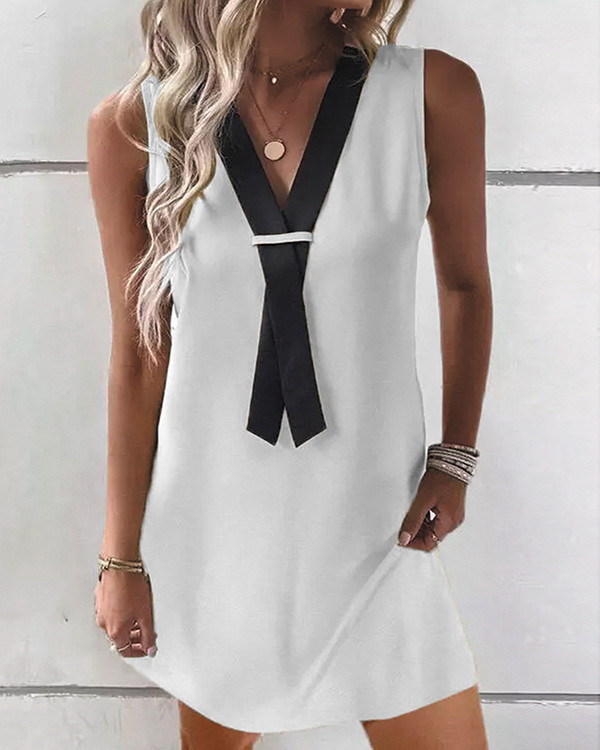 Women's V-neck Tie Solid Loose Sleeveless Casual Dress