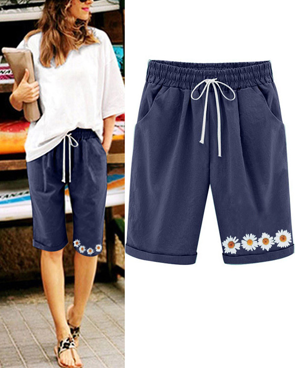 Women's Cotton and Linen Drawstring Retro Daisy Casual Shorts