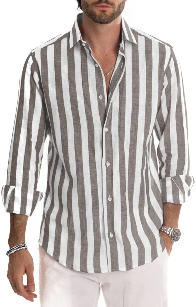 Men's Long Sleeve Lapel Striped Shirt