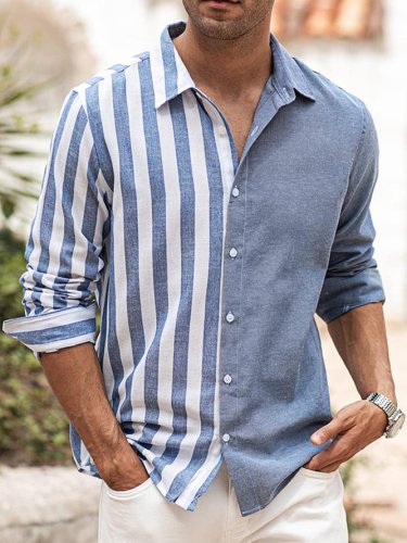Men's Striped Panel Cotton Linen Shirt