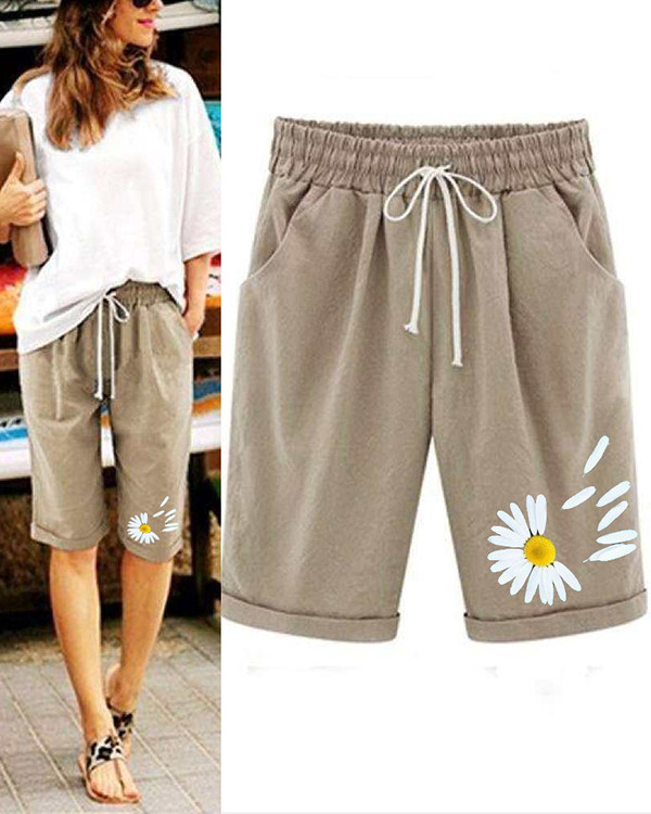 Women's Cotton and Linen Drawstring Retro Daisy Print Shorts