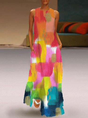 V-neck Casual Sleeveless Color-block Print Floor-length Dress