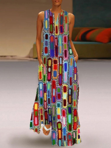 V Neck Casual Sleeveless Urban Color Block Print Maxi Dress