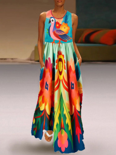 Casual Cute Parrot Floral Print Sleeveless Dress