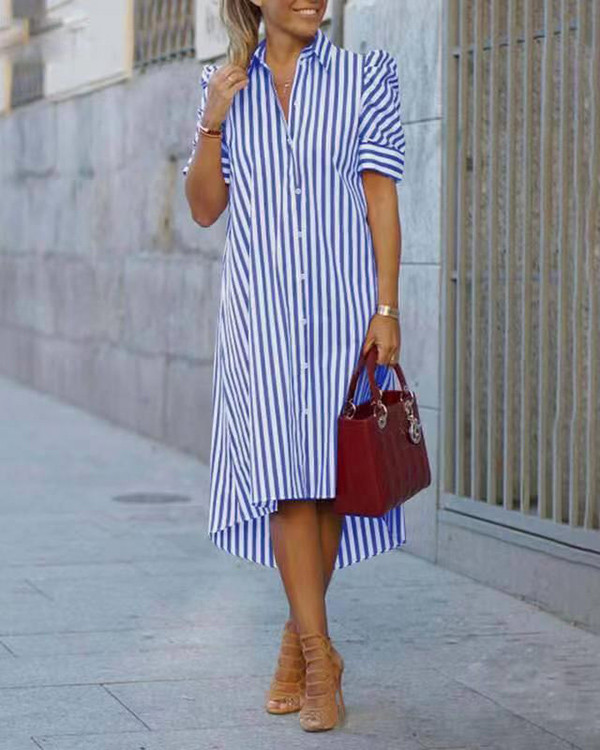Women's Stripe Print Short Sleeve Casual Shirt Dress