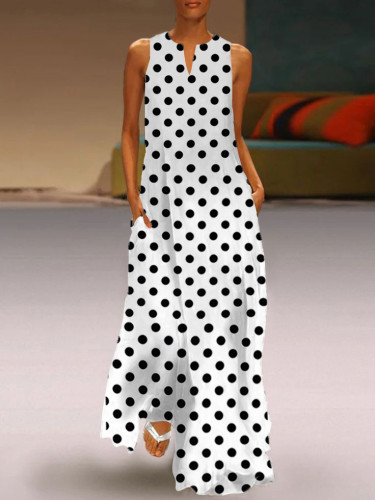 V-neck Casual Sleeveless Polka-dot Floor-length Dress