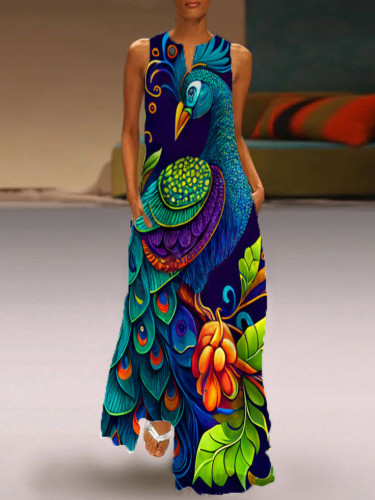 Vintage Oil Painting Peacock Sleeveless Floor Length Dress