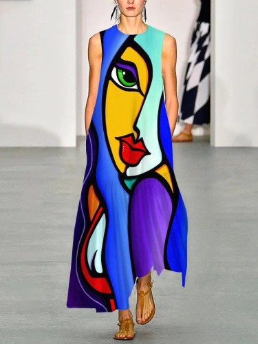 Abstract Fashion Portrait Print Sleeveless Dress