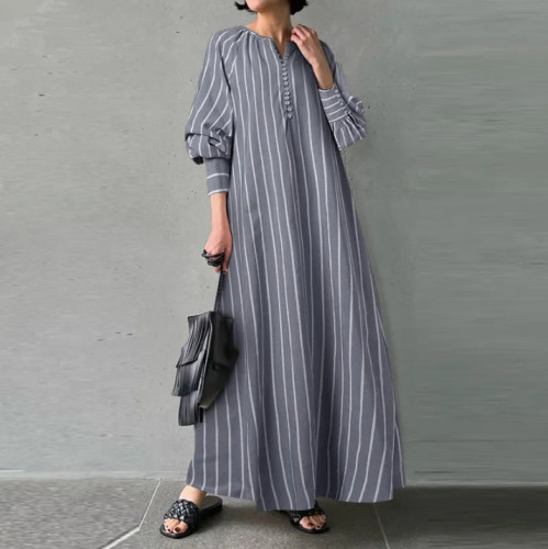 Cotton and Linen Striped Round Neck Long-sleeved Simple Loose Dress