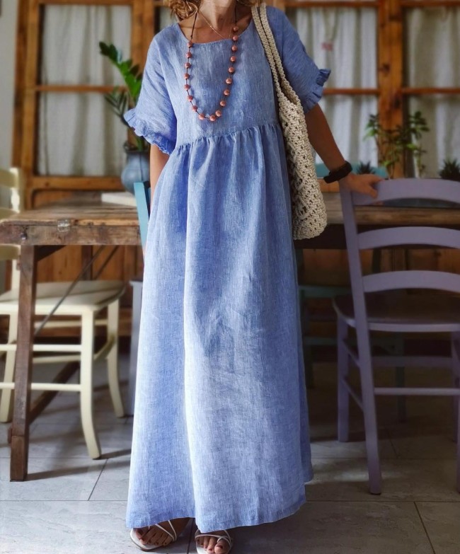 Casual Vacation Cotton and Linen Round Neck Dress with Ruffled Sleeves