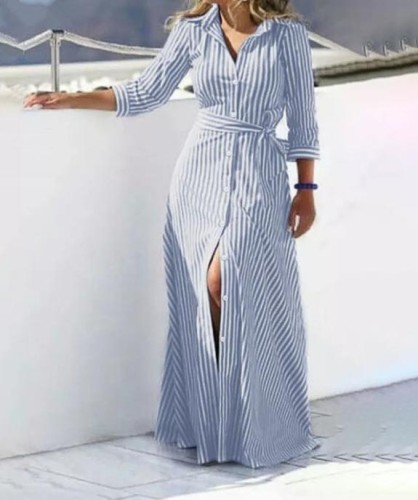 Elegant Cotton and Linen Striped Cardigan Dress