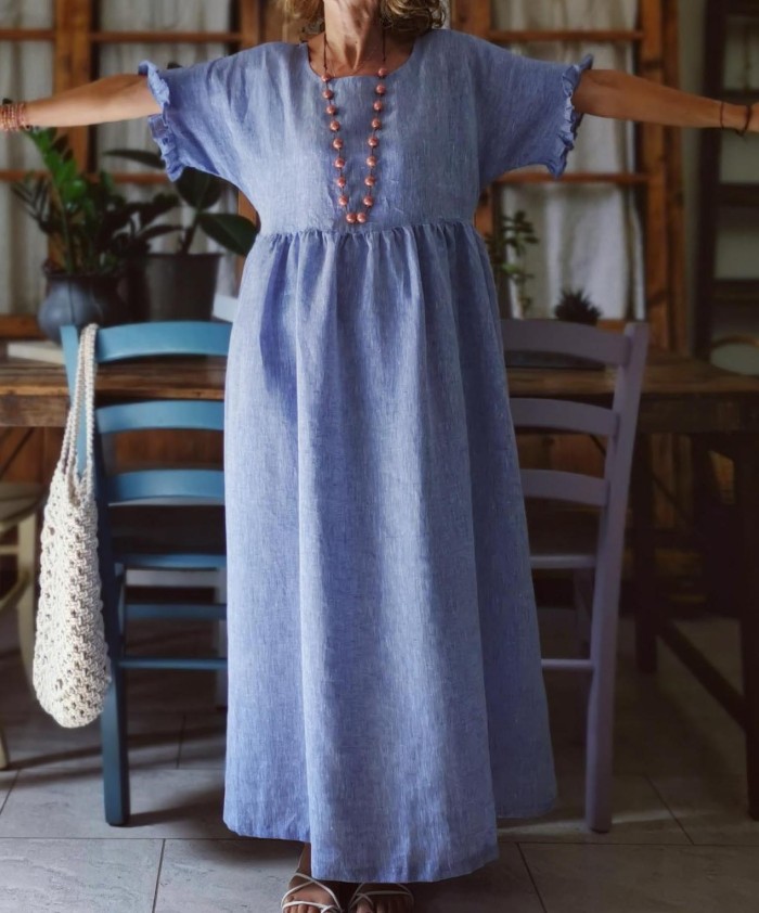 Casual Vacation Cotton and Linen Round Neck Dress with Ruffled Sleeves