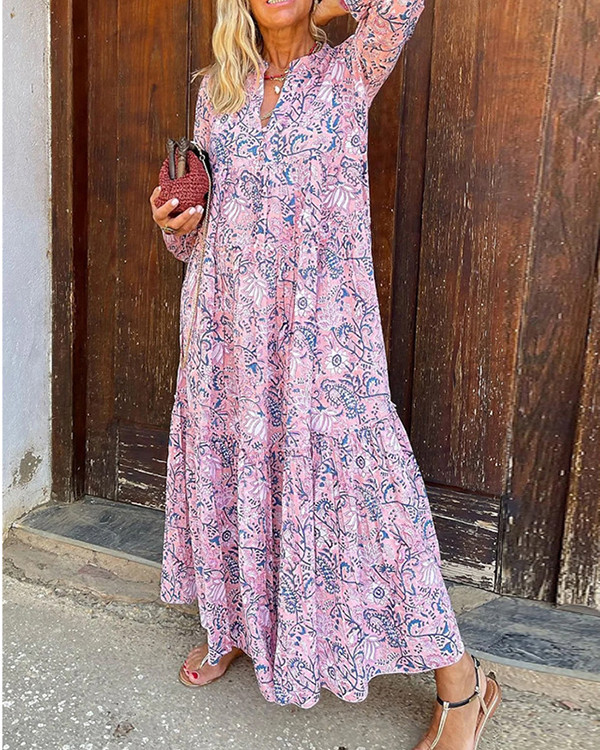 Women's Floral V-neck Long Sleeve Beach Casual Dress